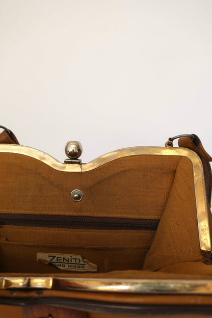 Brown Leather & Wood Shoulder Bag