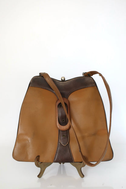 Brown Leather & Wood Shoulder Bag