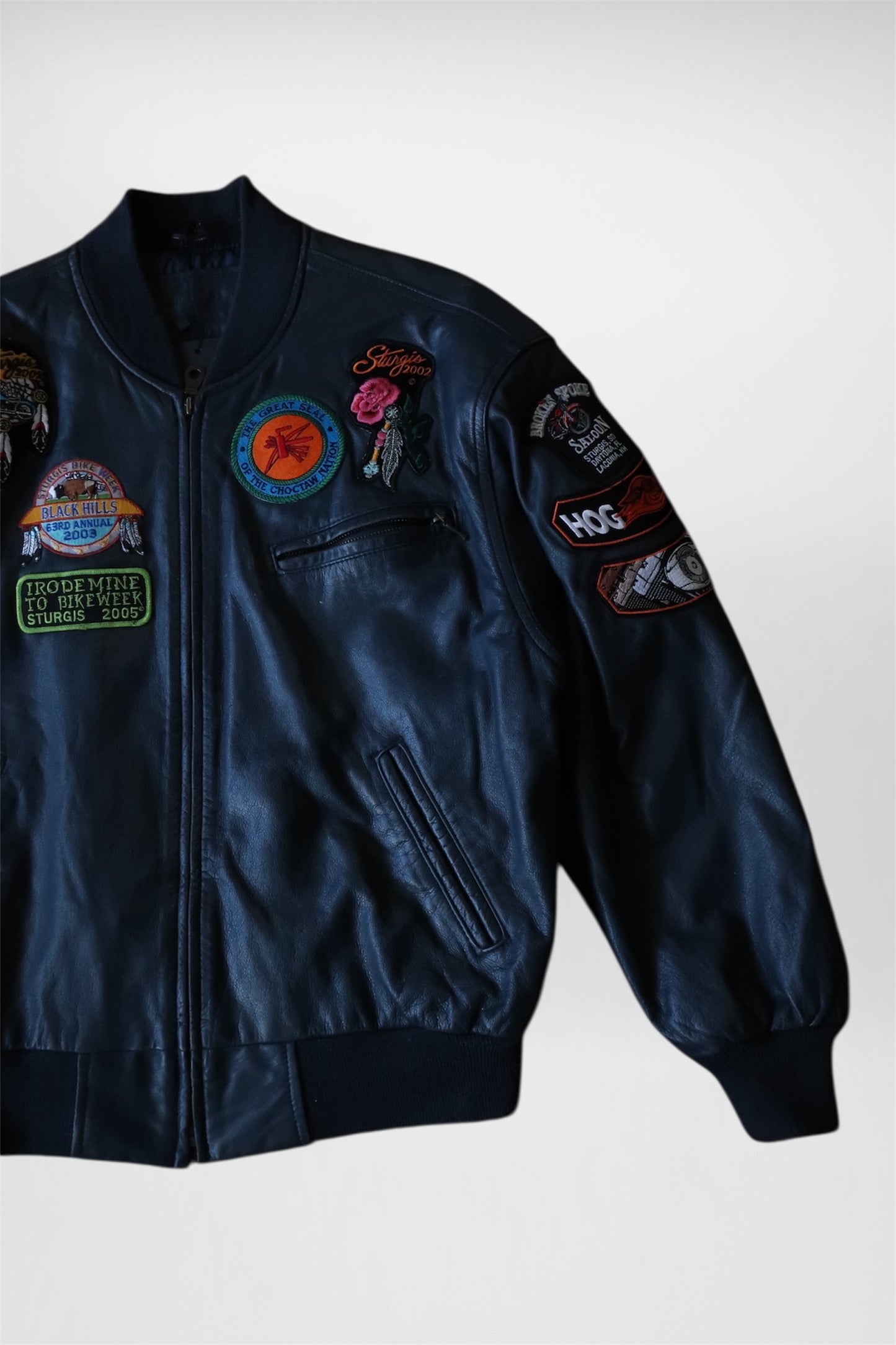 Vintage leather patchwork bomber jacket