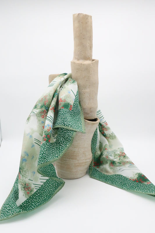 Green Patterned Silk Blend Scarf