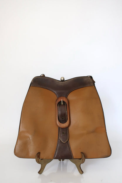 Brown Leather & Wood Shoulder Bag