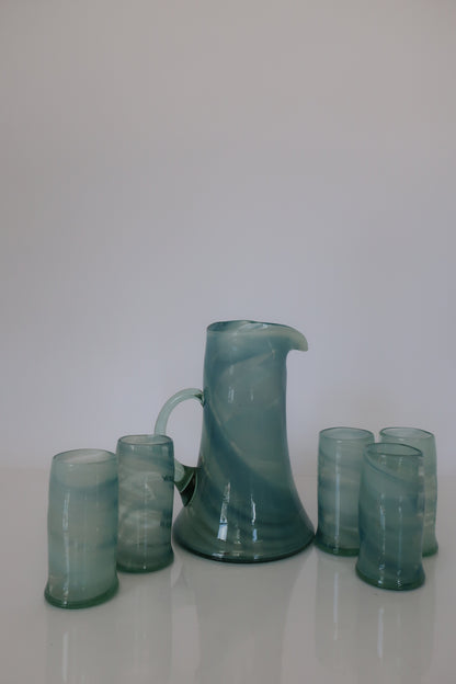 Handblown Blue Swirl Pitcher Set