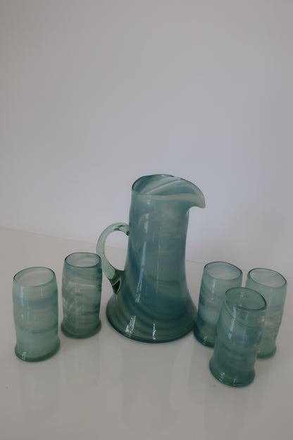 Handblown Blue Swirl Pitcher Set